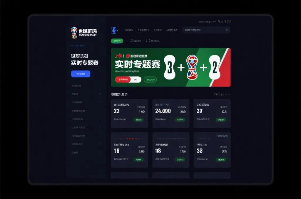 世界杯实时比分专题页的桌面端界面示意,深色背景,卡片式比分模块,数据清晰,体育资讯氛围